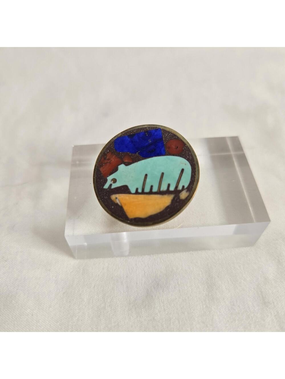 Turza Wells Andrew Shows Turquoise Inlaid Bear Pin Bronze Stone Southwestern